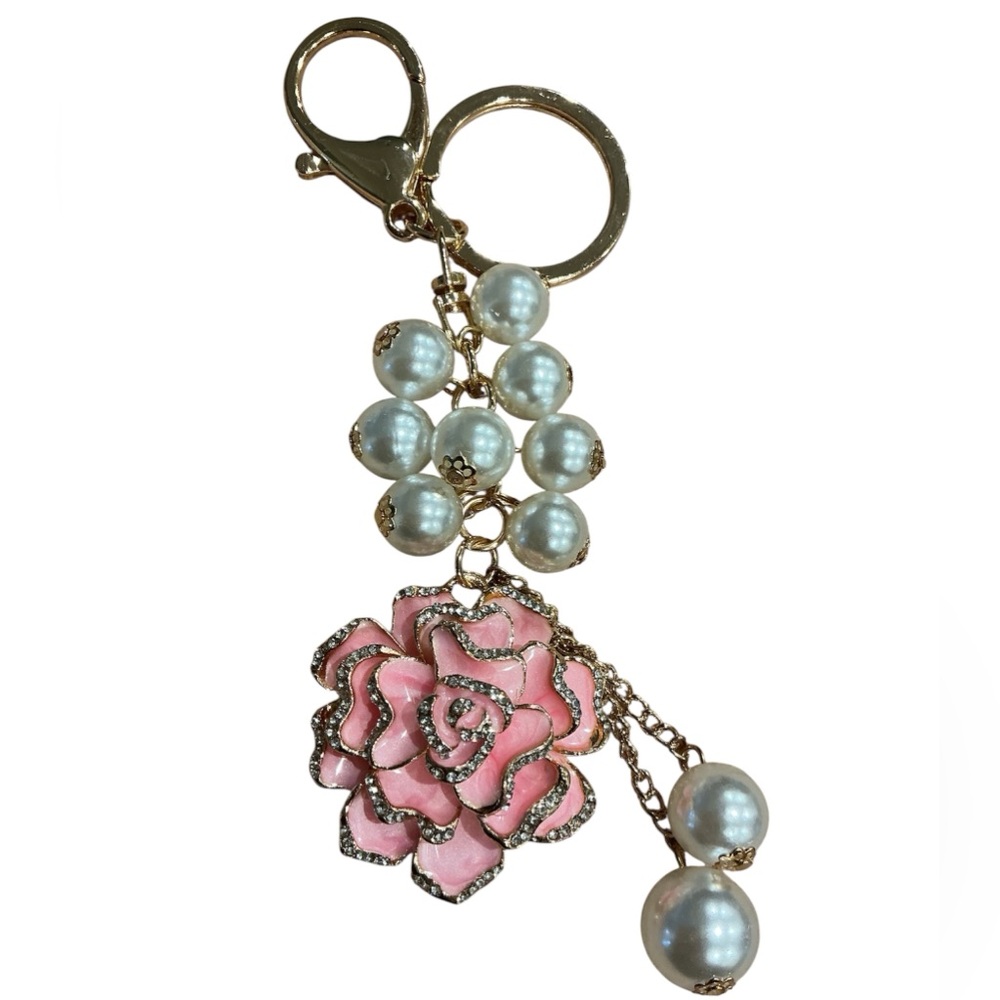 Elegant Pink Floral Bag Charm Keychain with Pearls NEW